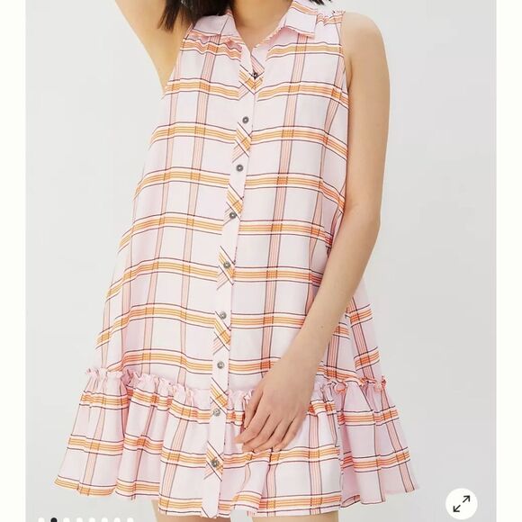 Maeve Anthropologie Flounced Hem Sleeveless Mini Dress Plaid Size Large Collar - Picture 1 of 12
